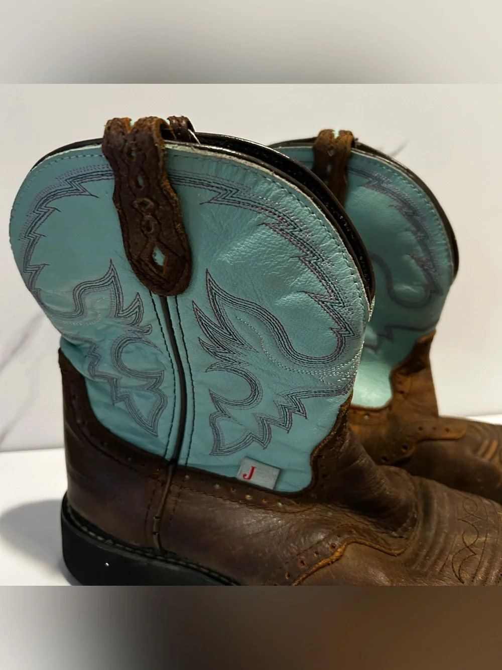 Kids Brown Leather Western Boots with Turquoise Shaft